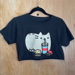 Pusheen Black Crop Top with Burger and Drink Design